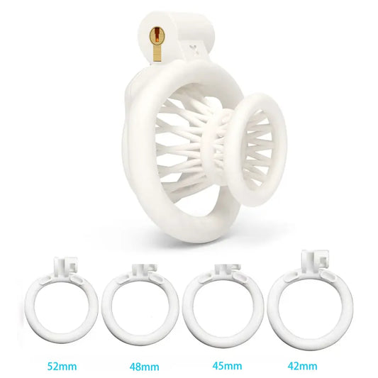 Cage de chasteté Albéa blanche avec quatre anneaux de 42 à 52 mm