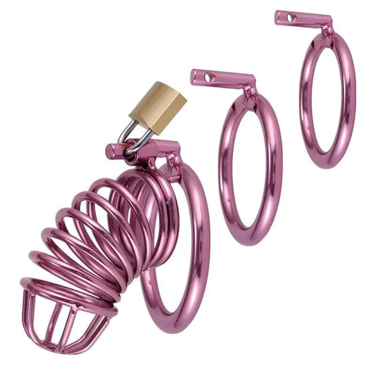 Cage de chasteté Roséris rose framboise avec trois anneaux de base et cadenas en laiton