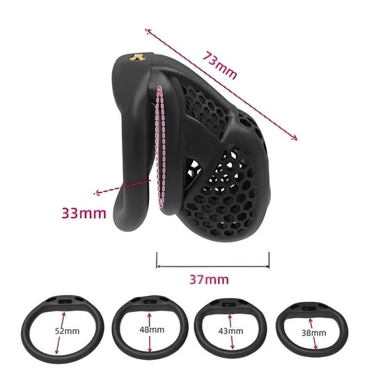 Dimensions de la cage de chasteté compacte Obsidis et de ses quatre anneaux