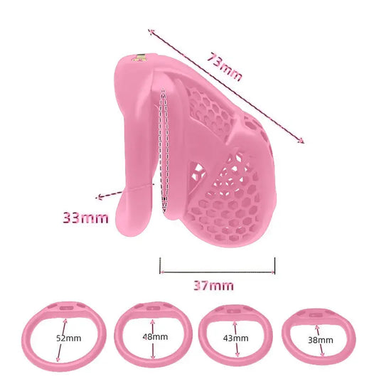 Dimensions de la cage de chasteté compacte Coralia et de ses quatre anneaux