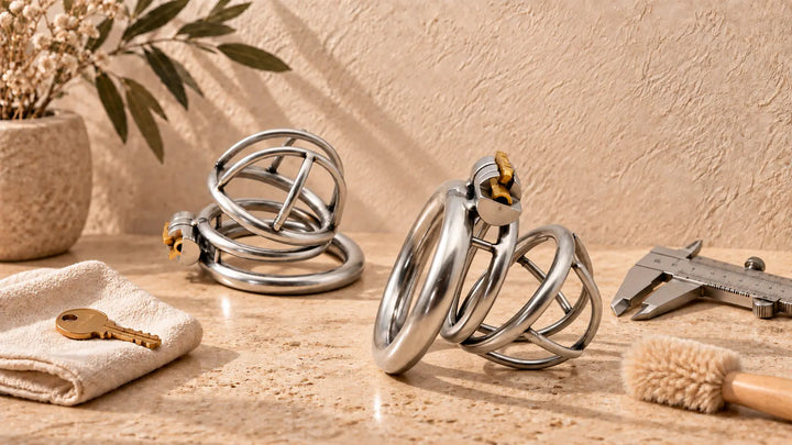 Deux cages de chasteté en métal présentées dans un décor premium avec accessoires