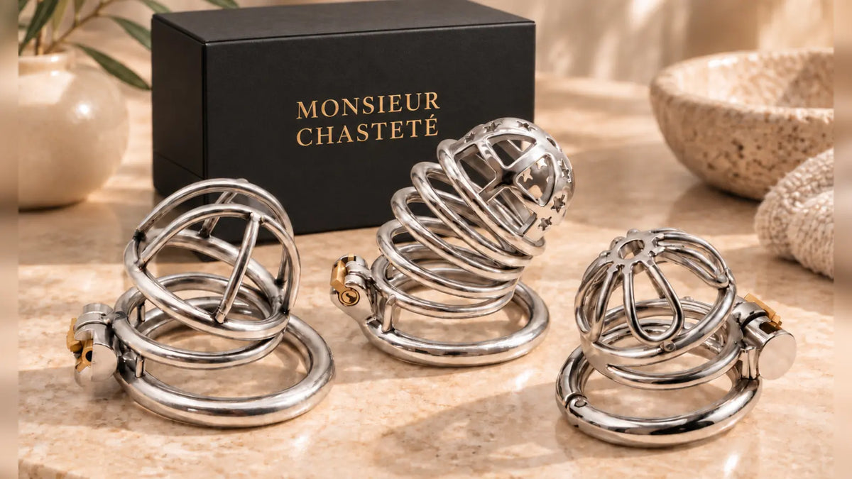 Trois cages de chasteté en métal présentées avec une boîte Monsieur Chasteté