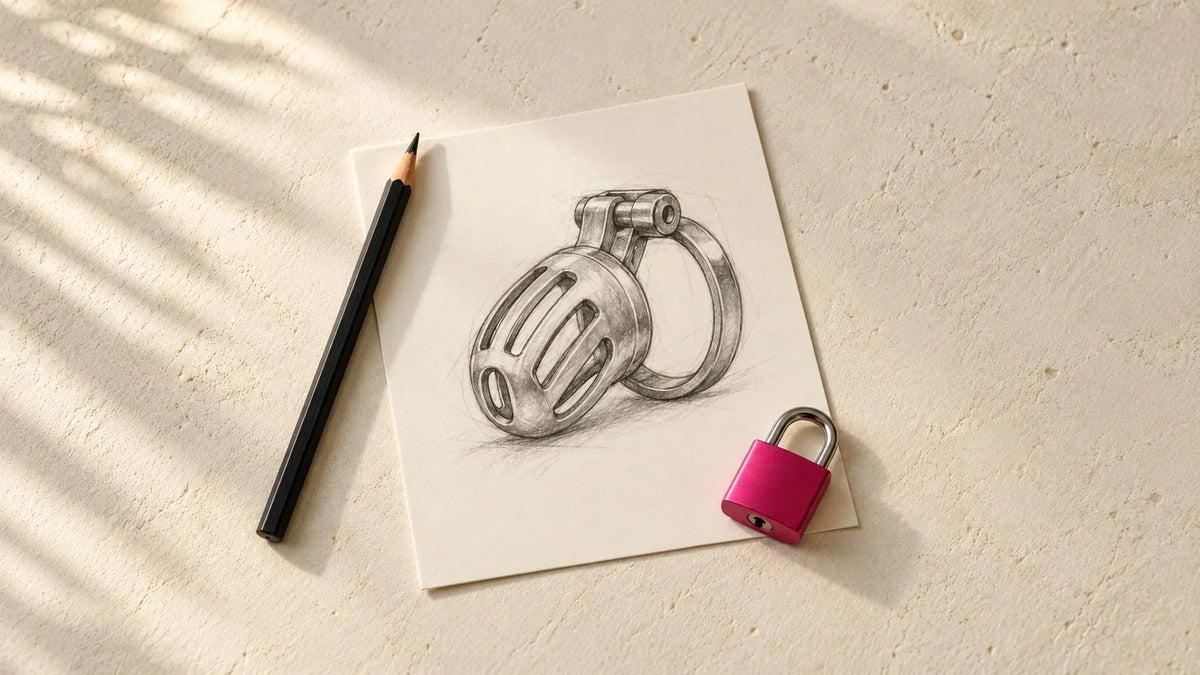 Croquis d’une cage de chasteté sur une feuille, avec un crayon noir et un cadenas framboise