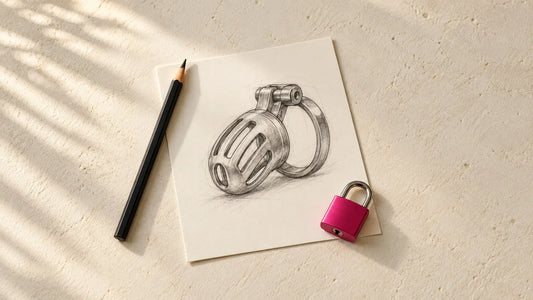 Croquis d’une cage de chasteté sur une feuille, avec un crayon noir et un cadenas framboise