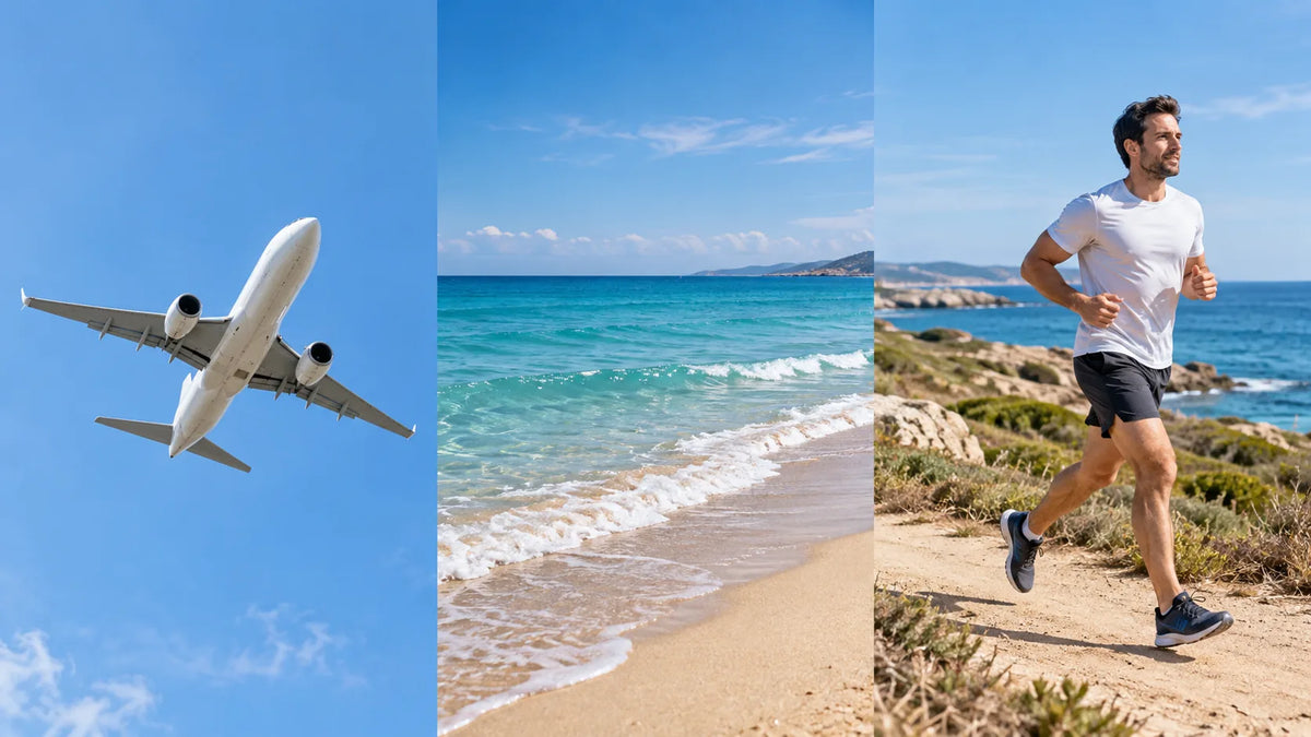 Avion en vol, plage de sable et homme courant en bord de mer