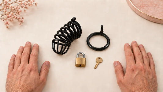 Cage de chasteté démontée avec anneau, cadenas et clé avant installation