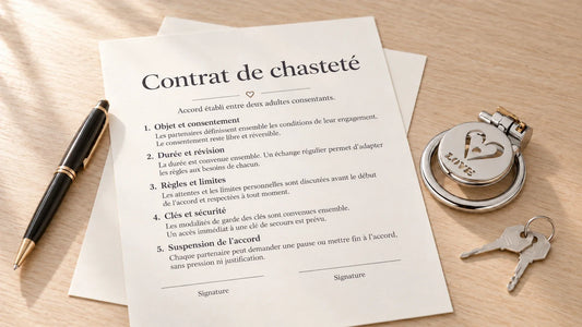 Contrat de chasteté posé sur un bureau en bois clair, accompagné d’un stylo, d’une cage en métal à motif cœur et de deux clés
