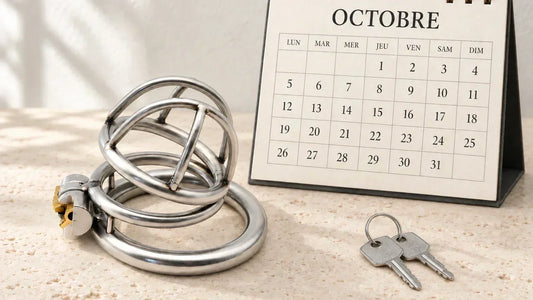 Cage de chasteté et deux clés devant un calendrier pour le mois d’octobre du locktober