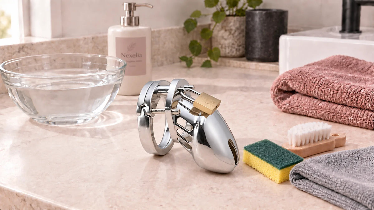 Cage de chasteté en métal avec bol d’eau, savon doux, brosse et chiffons pour le nettoyage