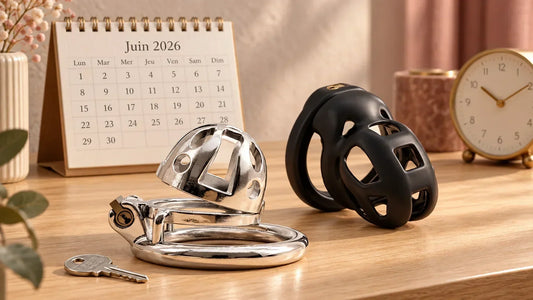 Deux cages de chasteté, un calendrier et une horloge posés sur une table