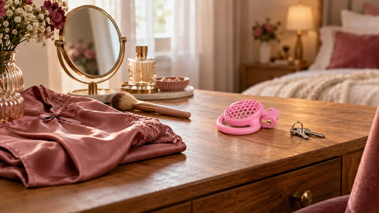 Cage de chasteté rose et deux clés sur une coiffeuse, près d’une tenue rose et d’un pinceau de maquillage