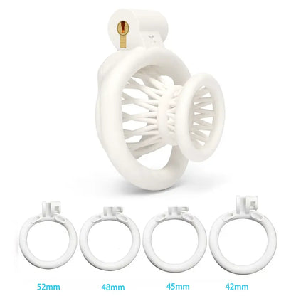 Cage de chasteté Albéa blanche avec quatre anneaux de 42 à 52 mm