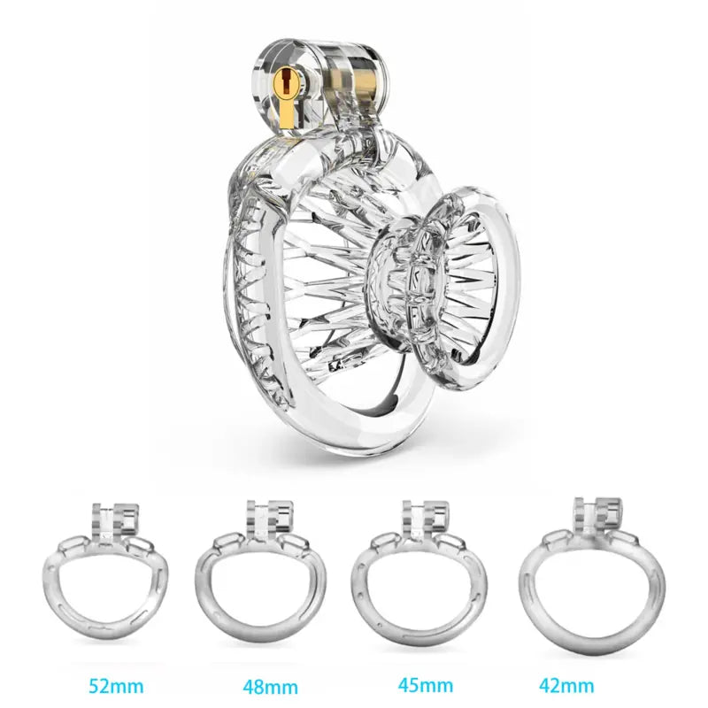 Cage de chasteté Clearis transparente avec quatre anneaux de 42 à 52 mm