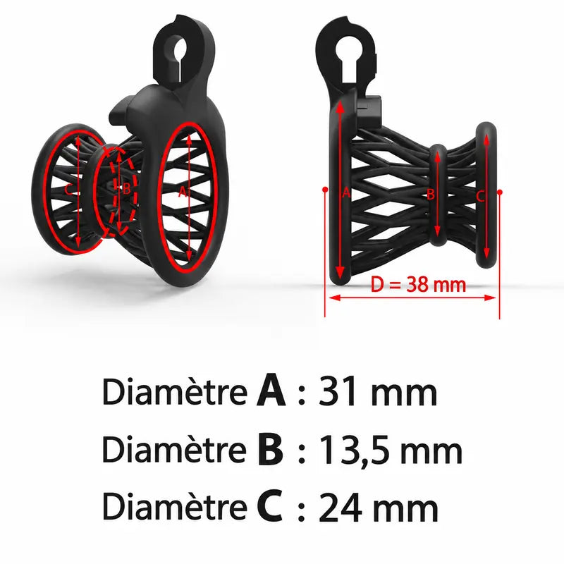 Dimensions d’une cage de chasteté inversée : diamètres A 31 mm, B 13,5 mm, C 24 mm et longueur 38 mm