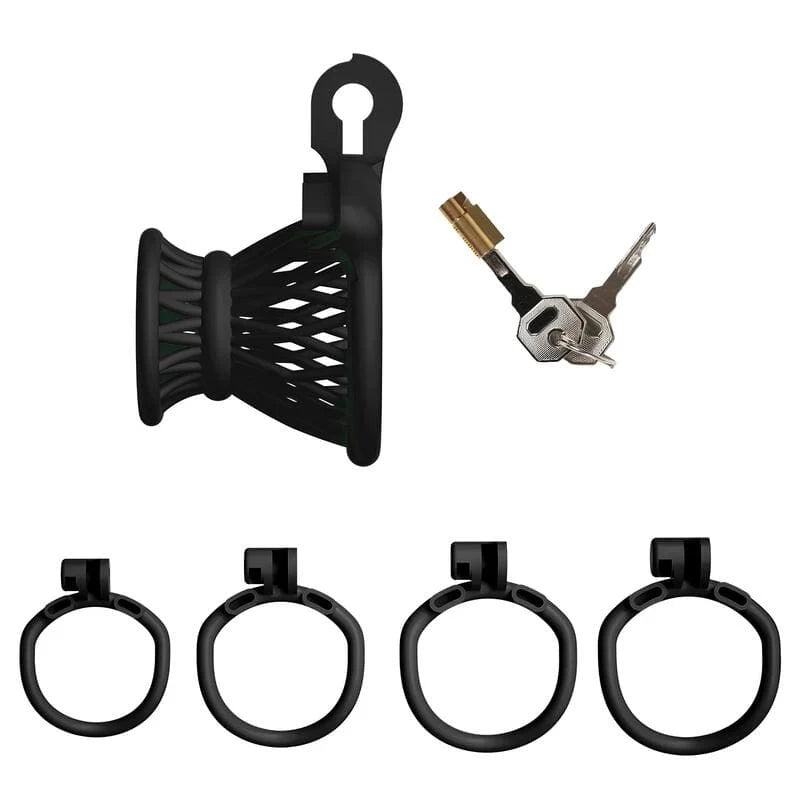 Cage de chasteté négative Noxéa noire avec quatre anneaux, serrure et clés