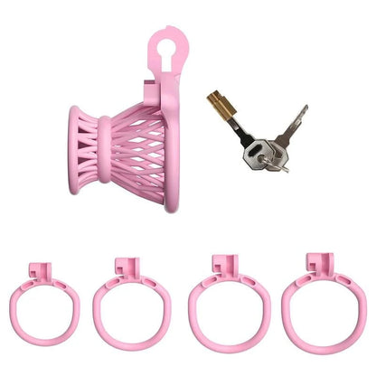 Cage de chasteté négative Nyméa rose avec quatre anneaux, serrure et clés