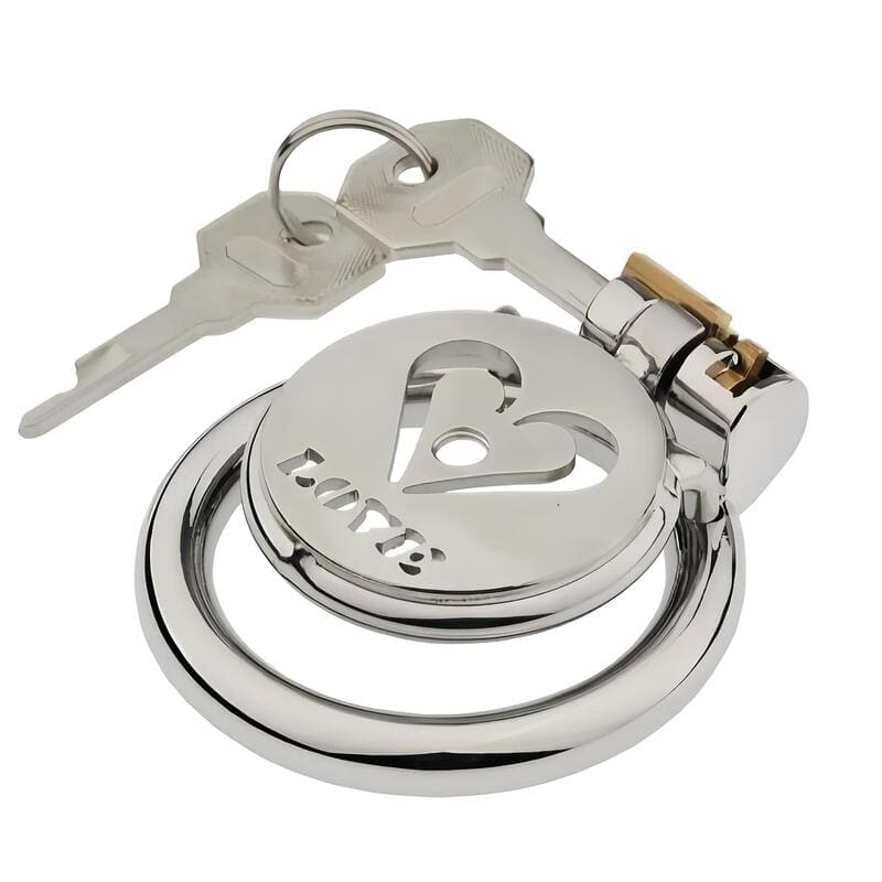 Cage de chasteté plate Amoria au motif cœur LOVE avec ses deux clés