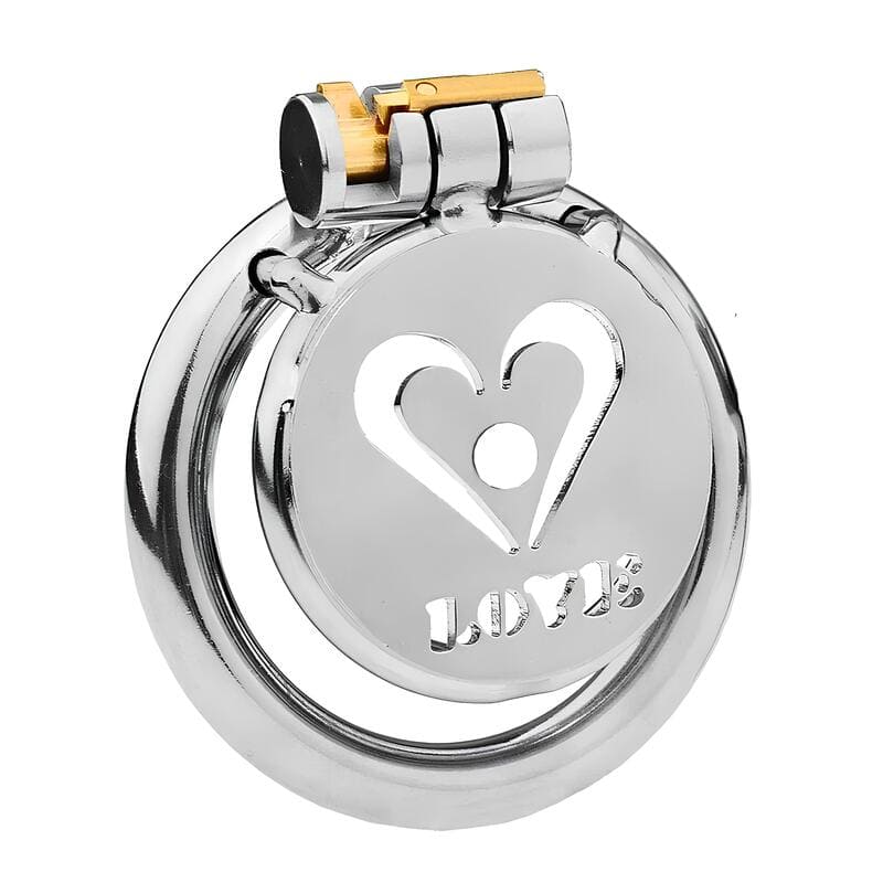 Cage de chasteté plate Amoria en acier inoxydable avec cœur et inscription LOVE