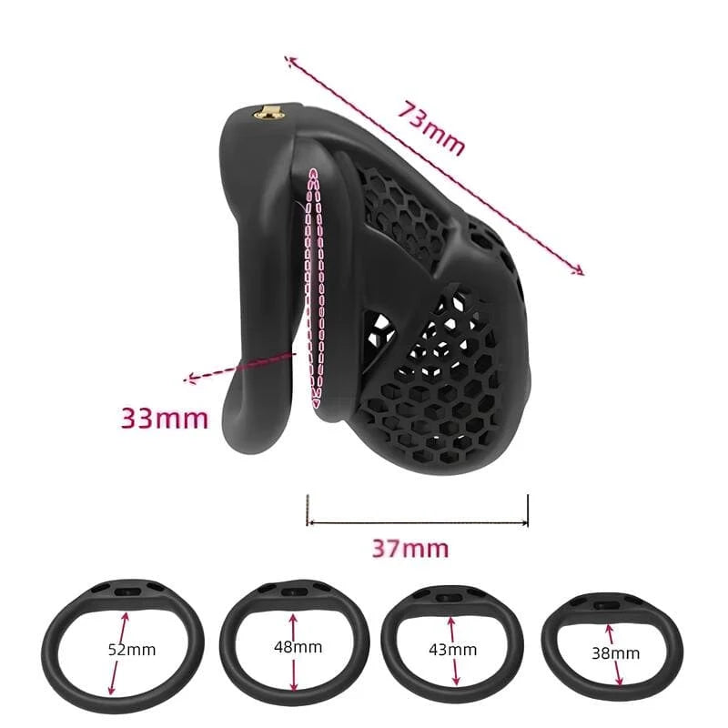 Dimensions de la cage de chasteté compacte Obsidis et de ses quatre anneaux
