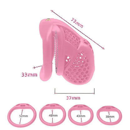 Dimensions de la cage de chasteté compacte Coralia et de ses quatre anneaux