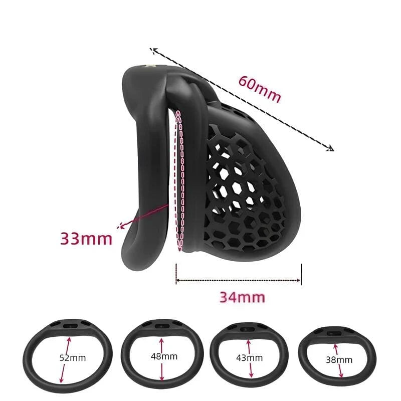 Dimensions de la cage de chasteté ultra-compacte Onyxis et de ses quatre anneaux